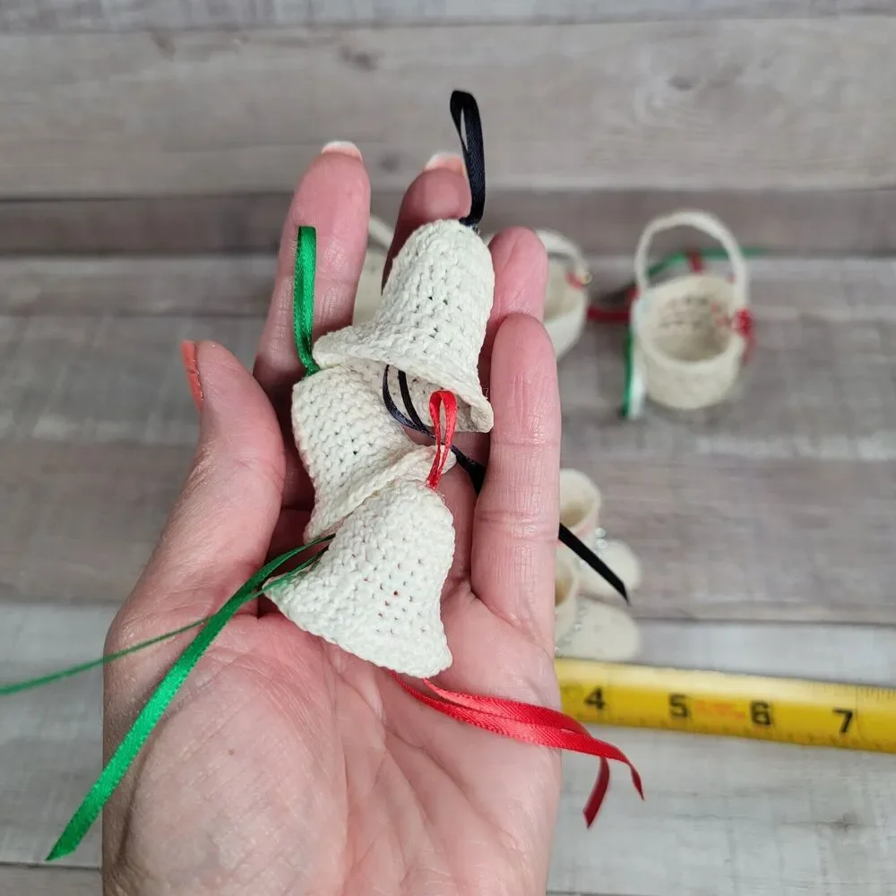 Vintage Crochet Christmas Ornaments Handmade Boho Bells Baskets Booties Slippers